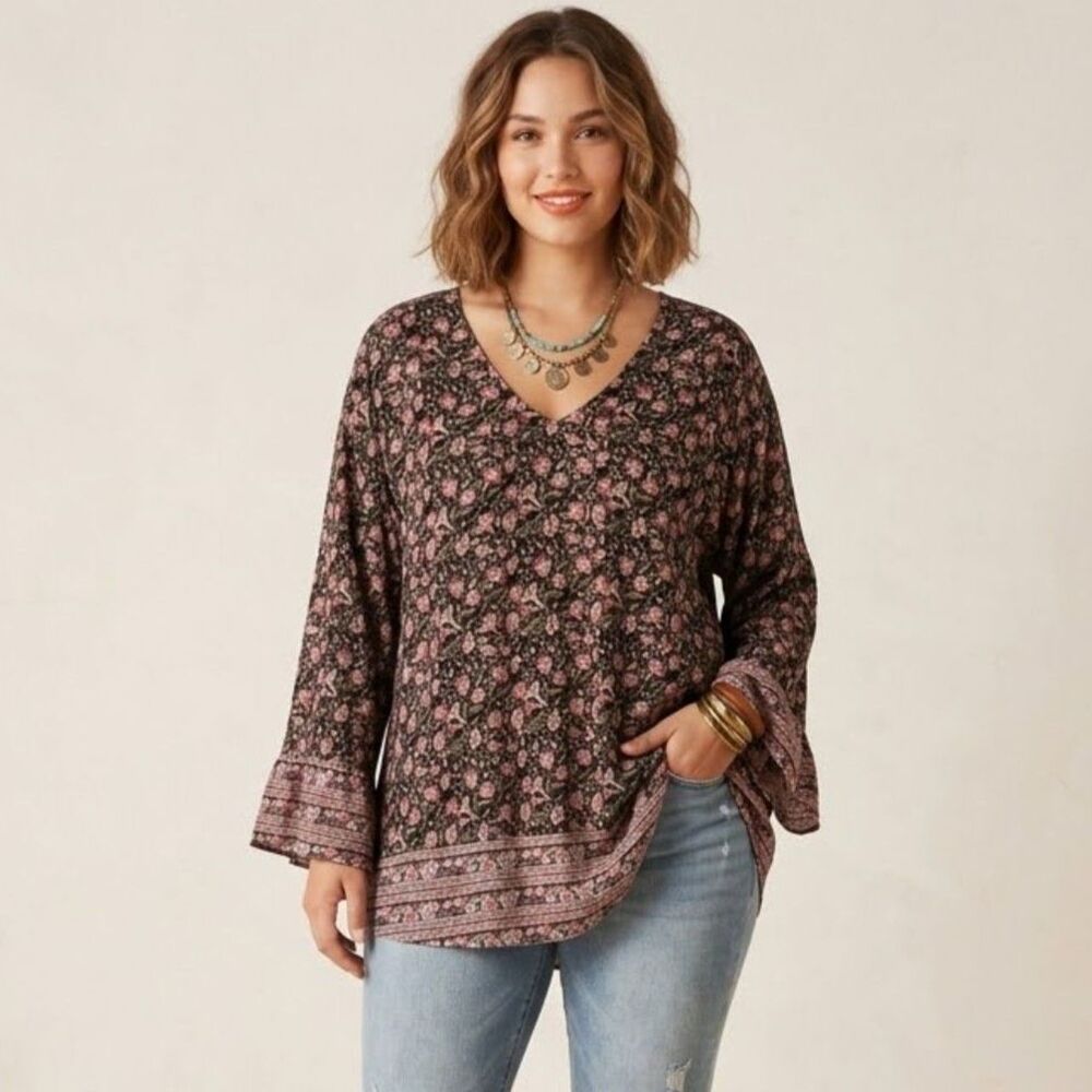 Lucky Brand Boho Cotton Floral V-Neck Black Bell Sleeve Tunic Top Bouse 2X
